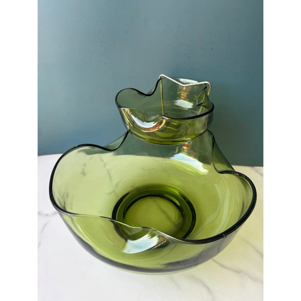 Vtg Anchor Hocking MCM Avocado Green Ruffled Glass Chip Dip Set  2 pc